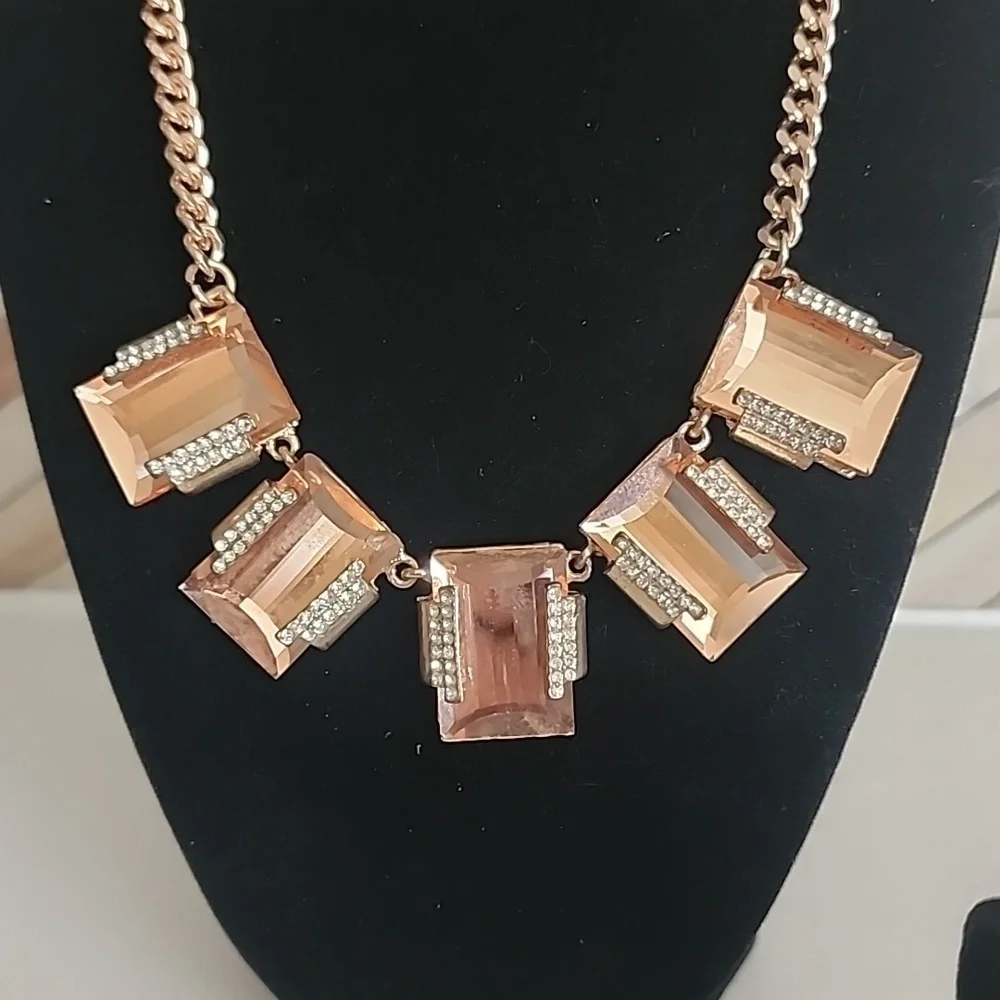 Rose Gold Crystal Pendants Necklace and Matching Earrings Set